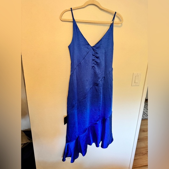 NEW Lulus Instinct Cobalt Asymmetrical Slip Midi Dress Blue Satin Small NWT - Picture 5 of 9